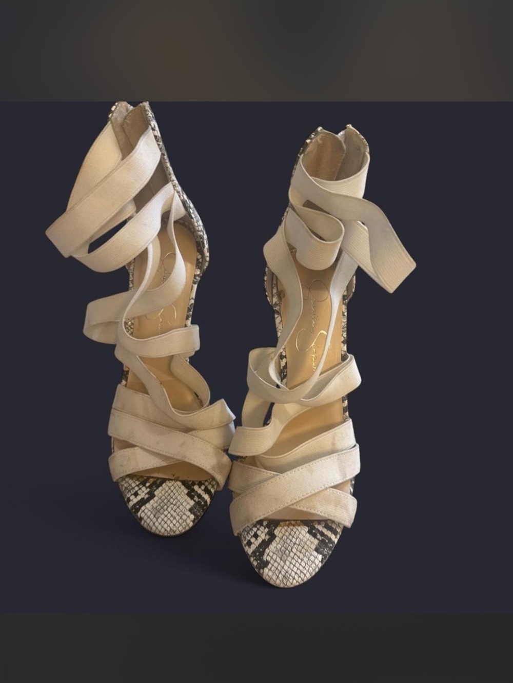 Jessica Simpson Cream Wrap-Strap Heels with Snake-Print Toe